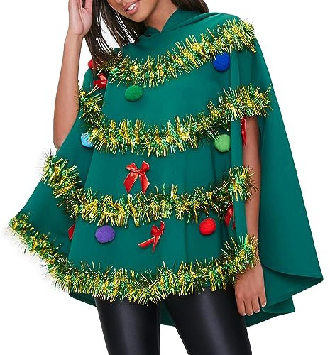 RWYBEYW Weihnachtsbaum-Poncho-Kostüm für Damen, Schleife, Ball, Dekor, Kapuzenumhang, Party-Requisite für Cosplay-Party, grün, 36