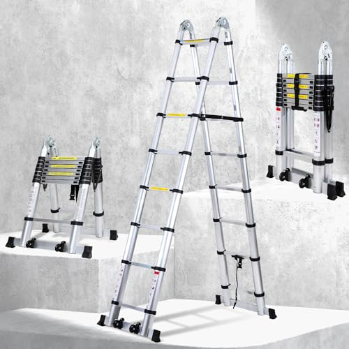 Joparri 5 m (2,5 + 2,5) Scala telescopica pieghevole in alluminio con doppia puleggia rimovibile carico massimo 150 kg/330 libbre, scala multiuso portatile, antiscivolo, argento