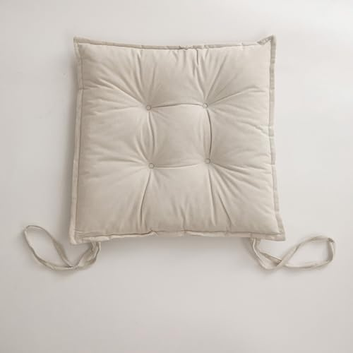LIANGLAOI Quadratisches Samt-Stuhlkissen für Esszimmerstühle, Küchenstuhlkissen mit Bändern, getuftetes, dickes Stuhlkissen, Tatami-Bodenkissen, Sitzkissen, Cremeweiß, 45 x 45 cm
