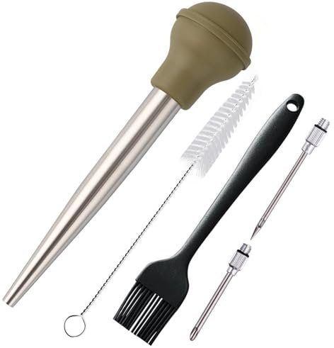 Nstezrne Turkey Baster Set of 5, Turkey Baster Syringe for Cooking, Meat Injector Baster &2 Needles&2 Cleaning Basting Brush, 18/8 Stainless Steel Baster for Flavor Meat Poultry, Beef&Chicken Green