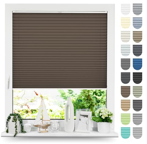 Tom'Shop Plissee mit Bohren Sonnenschutz Plisseerollo Jalousie Lichtdurchlässig und Blickdicht für Fenster & Tür Premium-Falten 3 Kollektionen zur Auswahl(NELA Braun B30cm x H100cm)