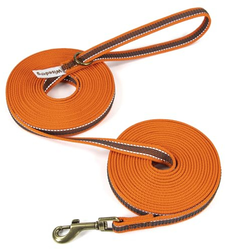 Wisedog Schleppleine für Hunde mit Reflektierenden Streifen Orange 10m | Hochwertiges Nylon- & Latex-Material, griffig bei Nässe, Reflektorstreifen, 360°-Karabiner, O-Ring, robust