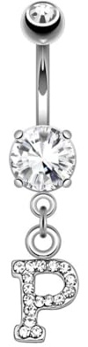 beyoutifulthings Bauch-nabelpiercing Buchstaben-Anhänger A-Z Silber Clear Nabel-Piercing Chirurgenstahl Bananabell Stab-länge 10-mm