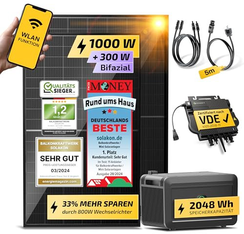 Solakon® 1000W Balkonkraftwerk mit Speicher - 1000 Watt komplett Steckdose & 800W Wechselrichter - Solaranlage Komplettset - 2x500W bifaziale Solarmodule & 2kWh Speicher für Balkonkraftwerk