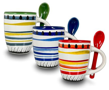 ARCA, Set 3 Tazzine da Caffè Apulia Spirale con Cucchiaino, Realizzate in Ceramica Decorata, Lavabili in Lavastoviglie, Capacità 90 ml, 6x7 cm, Colori Assortiti