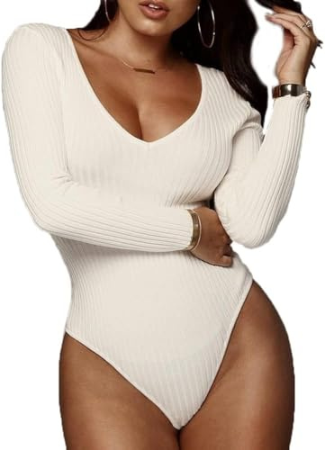 RPAEOY Body Donna Manica Lunga Elegante Sexy Scollo a V Jersey Basic Tuta Aderente Bodysuit Elasticizzato Casuale Jumpsuits (Bianco/M)