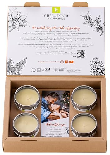 Greendoor Naturkosmetik Adventskerzen-Set, 4 verschiedene Massagekerzen, für jeden Adventssonntag eine andere Massage, auch geeignet für einen sicheren und individuellen Adventskranz