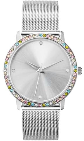 Crystal Blue Damen Armbanduhr Silber Edelstahl Milanaise Mesh Armband wasserdicht Pastell Zirkonia 22290