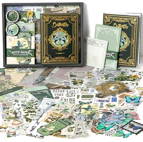 Scrapbook Zubehör Set,Scrapbooking Papier Ästhetisches mit A6 Raster Notizbuch, Scrapbooking Aufkleber, Dekoratives Schreibpapier, DIY Geschenk für Mädchen Damen Grußkarten (Green Butterfly)