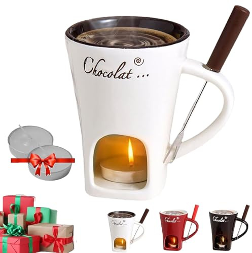 Fondue Cups Tealight, Fondue Mug, Chocolate Fondue Set, Fondue Mug Chocolate Melting Cup with Fork, Chocolate Fondue Cup for Cheese Caramel, Birthday & Wedding Gifts (White)