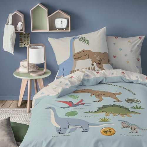 OMYDREAM Jurassic World SICJU Parure de lit Enfant | 100% Coton | Oeko-TEX | Housse de Couette 140x200cm+1 Taie d'oreiller 63x63cm | Imprimé Garçon Dinosaures | Bleu