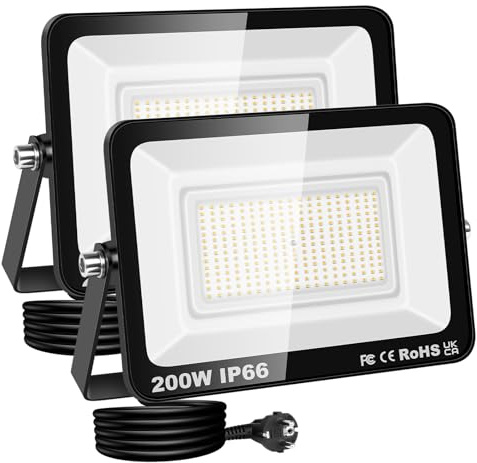 RIGIDON focos led exterior & interior con enchufe, 2x 200W 20000lm 3000K | blanco cálido, seguridad, proyector, Iluminacion, para jardín patio plaza garaje terraza estadio trabajo, IP66 impermeable