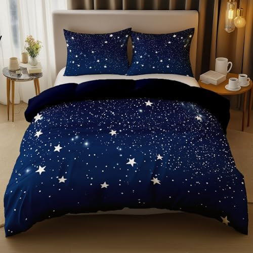 Bettwäsche 200 x 200 cm 3 teilig Drucken Bettbezug Romantik Sternenhimmel Sterne Wendebettwäsche-Sets mit 2 kissenbezüge 80 x 80 cm, aus Mikrofaser Weich mit Reißverschluss, Dunkelblau