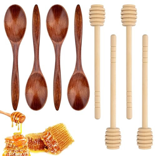 Honiglöffel Honiglöffel Holz Holzlöffel Honig Honig Löffel Honig Sticks 4 Honigrührstäbchen und 4 Holzlöffel Geeignet für Heiße Schokolade, Honig, Kaffee, Tee, Küchenzubehör.