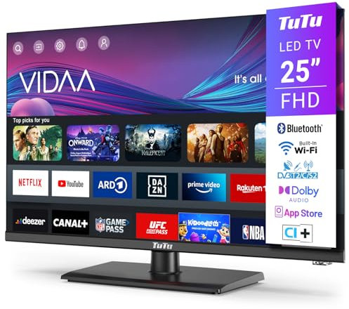 TuTu Smart TV 25 Pulgadas, FHD LED Televisor con WiFi, Bluetooth, LAN, App Store, Sintonizador Digital, Prime Video, Netflix, Youtube, DAZN, Disney+, Pluto TV y Más