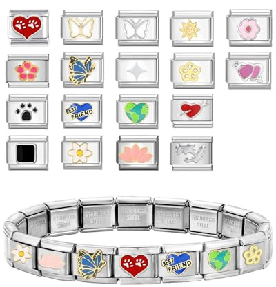 BPTRKOM Italian Charm Bracelet, 18 Charmes Italiens Supplé Mentaires Avec Outil D'Ouverture, Lien De Bracelet à Charme Modulaire Amovible De 9 Mm,Charmes De Style Italien Für Damen(Styles aléatoires)