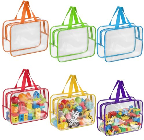 MICHIHOMIE 6 Colors Clear Toy Storage Bags, Waterproof PVC Organizing Bags with Zipper and Handle, 11.8 x 8.6 x 3.9inch Plastic Tote Bag for Building Blocks, Puzzles, Board Games, Book