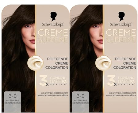 Schwarzkopf Creme Supreme Coloration 3-0 Natürliches Schwarz-Braun (2x182 ml), dauerhafte Haarfarbe mit Serum und Haar-Maske schützt vor sichtbaren Haarschäden, für 100% Grauabdeckung