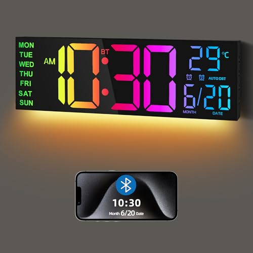 Maxstar 16.2'' Large Digital Wall Clock with Bluetooth Auto Sync, Remote Control, Alarm, LED Display, RGB Colors, Auto DST & Temperature for Classroom, Bedroom, Office, Garage-Black