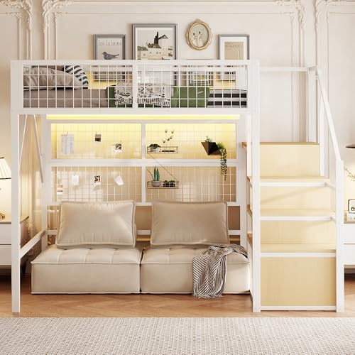 LANTRO JS Hochbett 140x200 Metall, mit Leiter-Aufbewahrung und offenem Schrank Stauraum unter dem Bett, mit Led Band, Weiß (ohne Matratze)