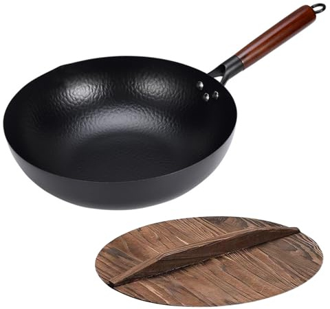 Esenlong Wok Stir Fry Pan 32cm with Wooden Lid,No Chemical Coated and Large Capacity,Pre-Seasoned Non-Stick Deep-Frying Pot,Traditional Chinese Woks, Iron Wok Pan for All Stoves