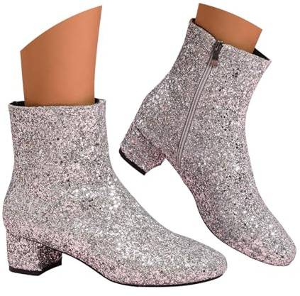 Women's Sequin Glitter Ankle Boots Round Toe Wide Calf Chunky Block Heeled Fashion Sparkly Short Boots Rhinestone Embroidery Sparkly Wedding Bridal Party Dress Shoes with Side Zipper