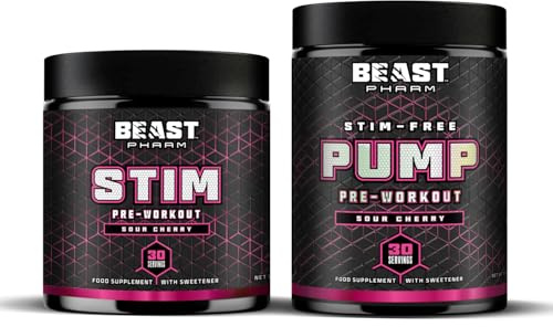Beast Stim + Pump Pre Workout Powder 2 Pack - 60 Servings - Gym Supplements for Men and Women - Beta Alanine Preworkout - Sour Cherry