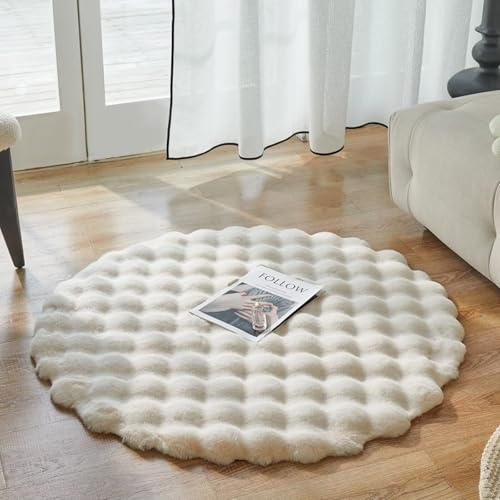 BohrenCL Teppich Rund, Waschbar Rutschfester Flauschiger Fellteppich Rund für Wohnzimmer Kinderzimmer Kinderzimmer Schlafzimmer, Bettvorleger High-Pile Carpet, Beige 130cm
