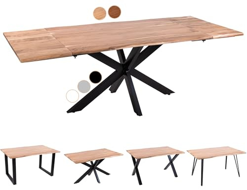 SAM Esstisch Avino 160(260) x90 erweiterbar Akazie Natur Spider schwarz | Baumkantentisch massiv, Akazienholz naturfarben, ausziehbar mit Ansteckplatten, für 6-8 Personen