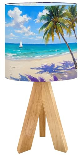 Tripod Bedside Table Lamp for Bedroom Tropical Beach Palm Trees White Sand Sailboat Turquoise Ocean Nightstand Lamps Desk Lamp with Linen Fabric Shade for Nursery Room Living Room Kids Room