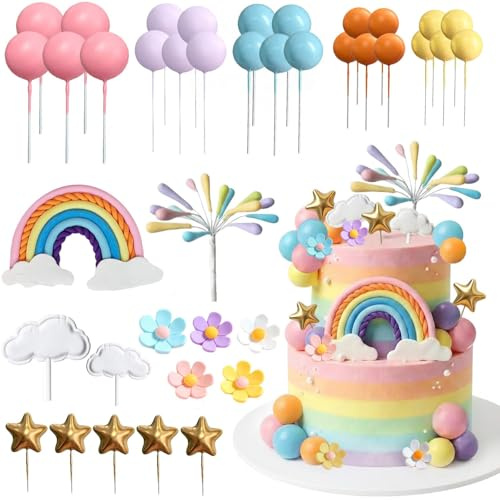Cuxawamiyo Regenbogen Deko für Regenbogen Kuchen Boho Torten Dekoration mit Pastell Farben Blumen Wolken Sternen für Dessert Tischdekoration Feierdekoration