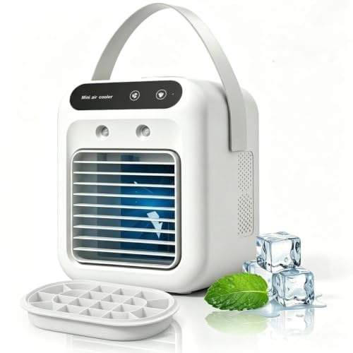 Mini Climatiseur Mobile avec Réservoir de 500 ML/Moule à Glaçons Ventilateur Brumisateur 2 Vitesses - Rechargeable pour Voyages Camping Bureau et Maison