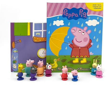 Peppa Pig im Regen Mein Bilder- und Spielebuch - Spiel- und Beschäftigungsbuch, 10-seitiges Buch, 9 Spielfiguren, 1 Spielmatte