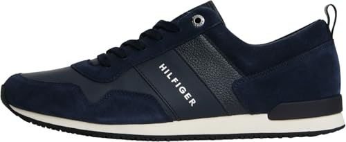 Tommy Hilfiger Men’s Iconic Leather Suede Mix Runner Trainers, Blue (Midnight), 8