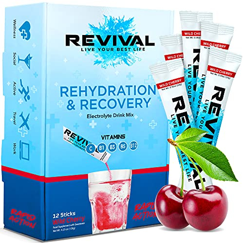 Revival Rapid Rehydration, Electrolytes Powder - High Strength Vitamin C, B1, B3, B5, B12 Supplement Sachet Drink, Effervescent Electrolyte Hydration Tablets - 12 Pack Cherry
