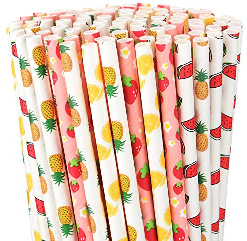 Zhanmai 200 Pcs Fruit Paper Straws for Drinking Cute Strawberry Pineapple Orange Lemon Patterned Paper Straws 7.75 Inches for Cocktail Birthday Wedding Luau Summer Holiday DIY Decorations