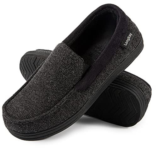 LongBay Men's Moccasin Slippers Memory Foam House Shoes Indoor Outdoor | Breathable knitted fabric, Coral fleece lining, Memory Foam, Non-Slip Rubber Sole, Indoor Outdoor, House Shoes, Hotel, Gift