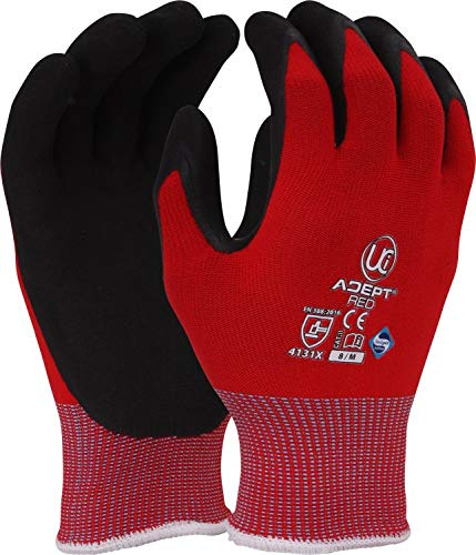 UCI 10 x Adept RED Nylon & Lycra Blend Liner Nitrile NFT Foam Coating Gloves (8/Medium)
