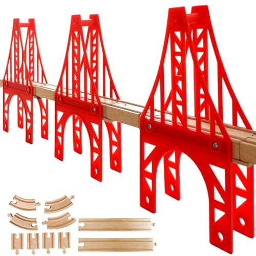 OrgMemory Treno Legno Ponte, 3 Ponte Sospeso, Pista Treno in Legno, Pista Trenino, Pista Macchinine giochi, Compatibili con Tutte le Principali Marche