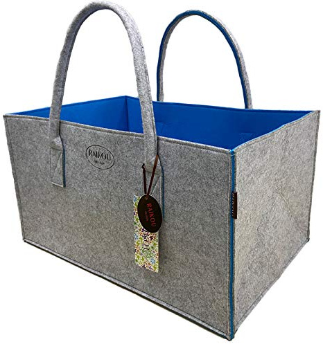 RAIKOU NEU Filztasche Shopper Holzkorb Einkaufstasche Henkeltasche Zeitungskorb Stabile Kaminholztasche Zeitungsständer auch für Spielzeug Garten Picknick Strand (Grau/Blau,50 * 34 * 27cm)