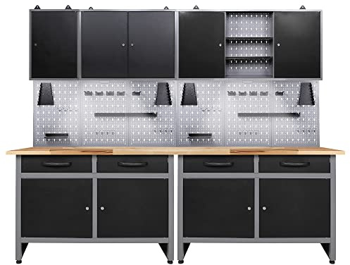 Ondis24 Werkstatteinrichtung 242 cm Werkstattset 7-teilig, Metall Werkbank & Werkzeugschrank Hängeschrank, Werkzeugwand Lochwand mit Hakenset, 2 x LED Lampe