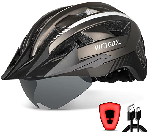 Bike Helmet for Men Women, M/L/XL Size Options, LED Light, Magnetic Goggles | Rechargeable Rear Light, Removable Sun Visor, 21 Air Vents, 54-63cm Head Range Adult Teen Fit, Bike Helmet for Road Cycling