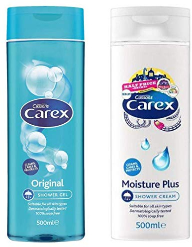 Carex Original Shower Gel and Moisture Plus Shower Cream LARGE Bottles 2 x 500ml. Suitable for all skin types. Cleans, Cares and Protects.