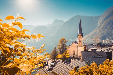 Poster-Bild 120 x 80 cm: Klassische Postkarte Blick auf die berühmte Hallstatt Lakeside Town in den Alpen(114002868)