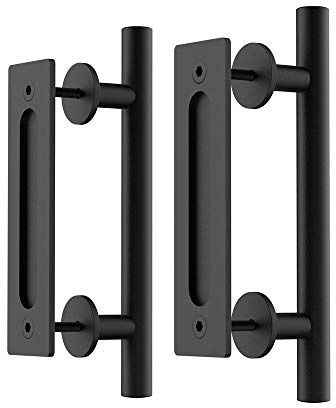 2 Pack 30 cm/12 inch Barn Door Handle Hardware Black with Flush Finger Pull | WINSOON Large Rustic, Pull and Flush Heavy Duty Handle Pair Set