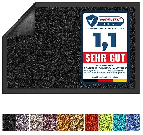 Floordirekt | Rhine | Paillasson, Tapis d'entrée | Antidérapant, Couleur Unique | Tapis d'entrée Lavable, certifié Oeko-Tex | Noir, 90 cm x 150 cm