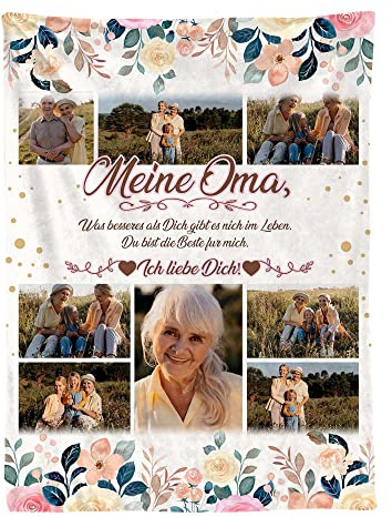 Ferocity Personalisierte Foto Decke mit Eigenem Foto; Super Weiche Extra Gemütliche Kuscheldecke zum Oma Tag 150 x 200 cm; Sofadecke Collage mit Wünschen oder Gedichten [081]