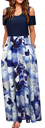 STYLEWORD Abito Donna Estivo Lungo Spalla Fredda Estiva Manica Corta Stampa Elegante Floreale Vestito con Tasche, XXL