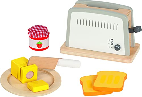 goki 51507 - Toaster aus Holz mit Zubehör - 7-teiliges Kinderküchen- und Kaufladen-Set mit Toast, Butter, Marmelade & Geschirr für Puppenküche