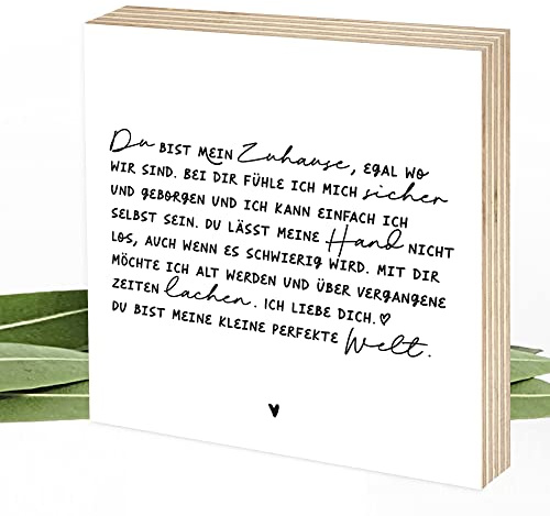Wunderpixel® Holzbild Du bist Mein Zuhause - Liebeserklärung in Schreibschrift - 15x15x2cm zum Hinstellen Aufhängen - schwarz-weißes Holz-Schild Wand-Bild Aufsteller Geschenk Aufmerksamkeit